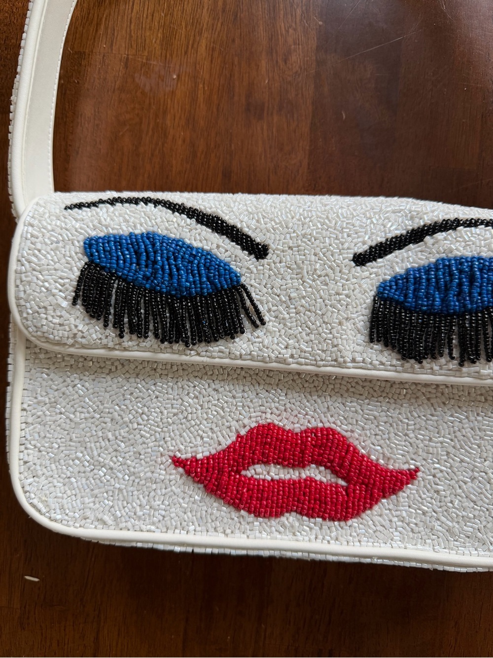 STAUD White Beaded Shoulder Bag with Blue Eye Detail and Red Lips - Picture 2 of 5
